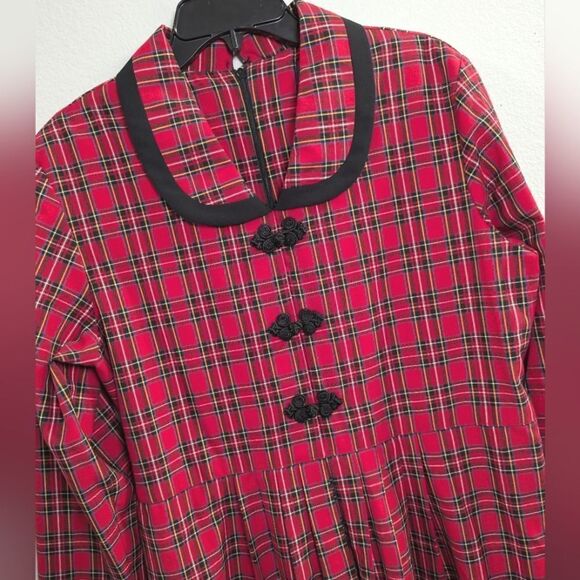 J.G. Hook Vintage 90s red & black plaid big collar long sleeve dress womens 14 - Picture 3 of 6